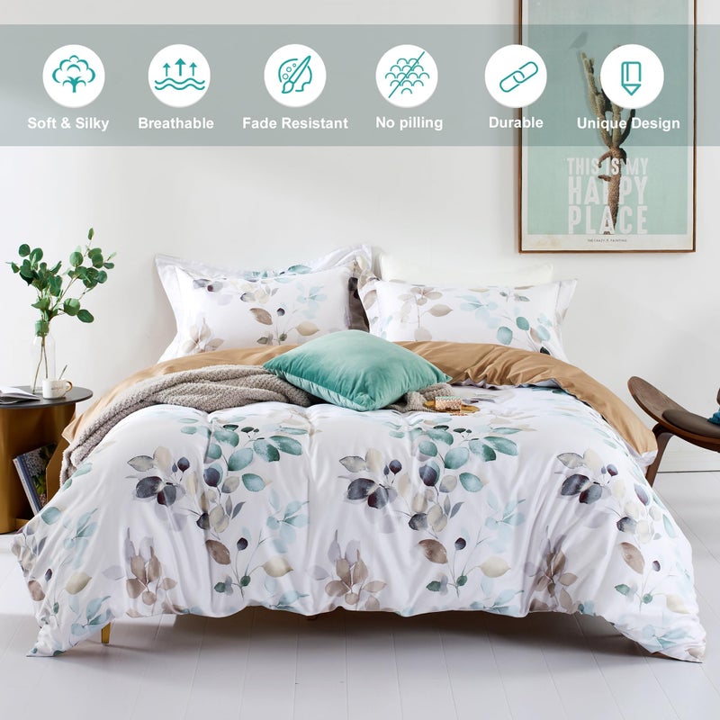 MILDLY Duvet Cover Set 100% Long-Staple Cotton Green Leaves Pattern Printed Comforter Cover 3pcs, Soft & Breathable Lightweigt Bedding Set - Image 2